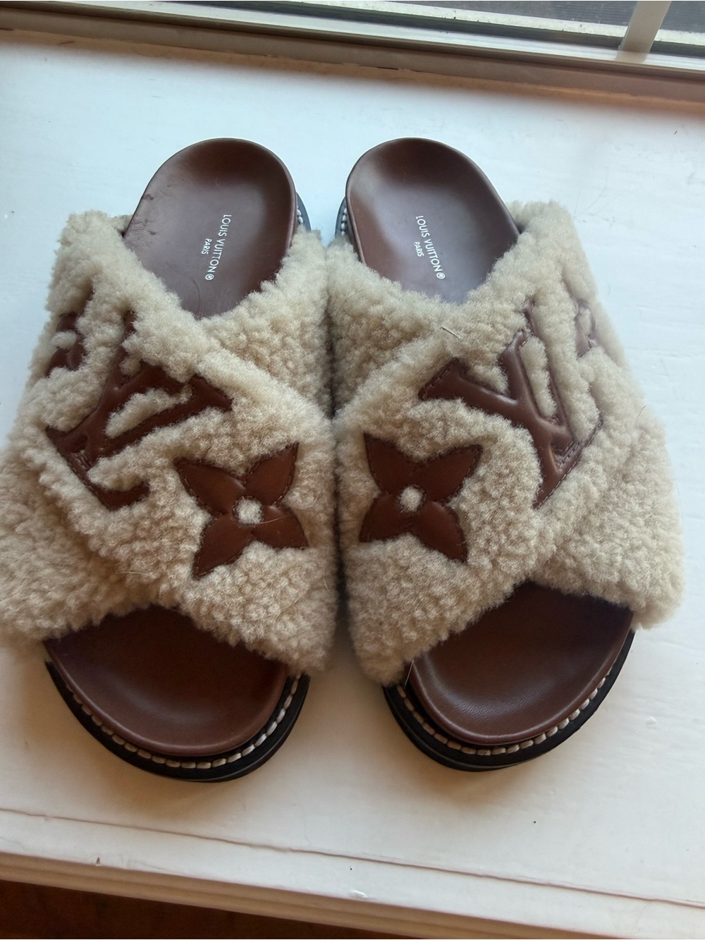 Louis Vuitton Shearling Monogram Slide Sandals in Cream and Brown